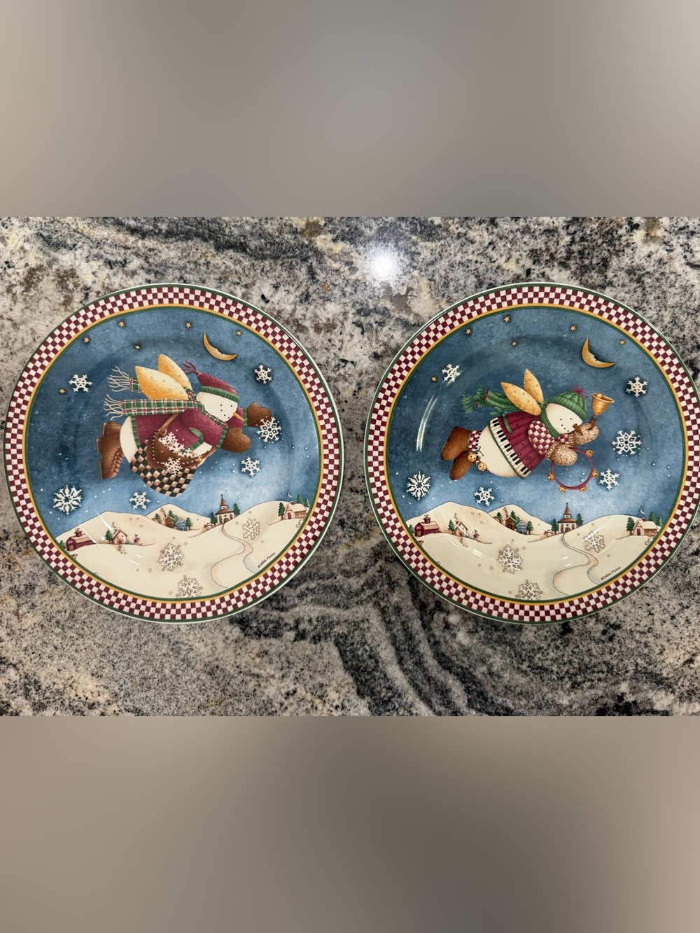 Sakura Debbie Mumm Snow Angel Visit Snowman Plates 8”